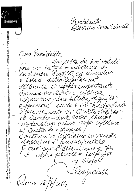Don Ciotti scrive al Presidente Aleramo Ceva Grimaldi
