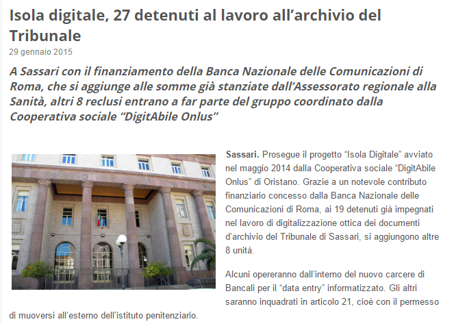 Progetto “Isola Digitale” a Sassari: 27 detenuti al lavoro per l’archivio del Tribunale