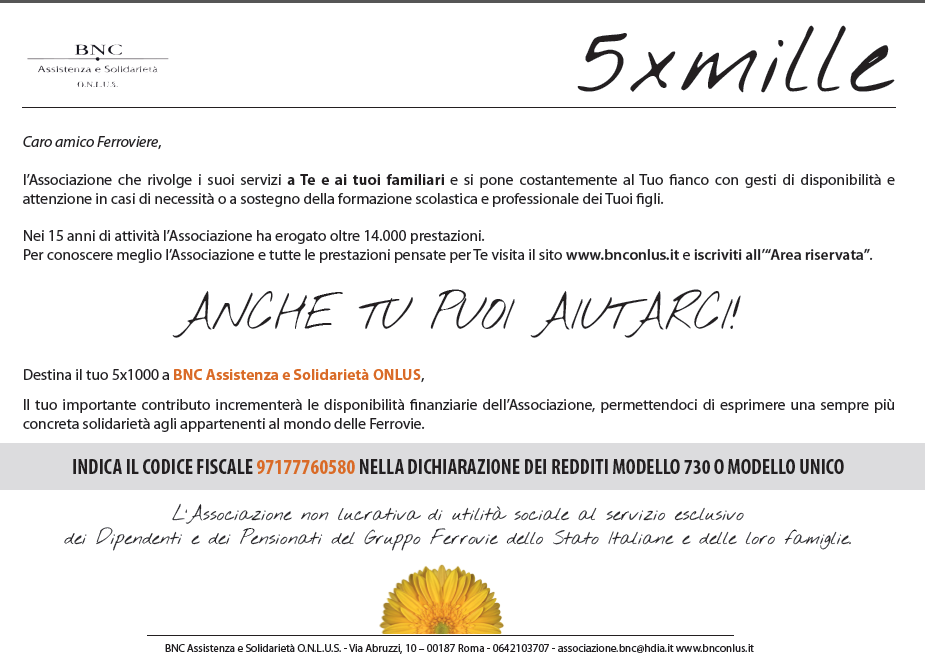 Il 5x1000 a favore di BNC Assistenza e Solidarietà, la onlus a fianco dei ferrovieri.